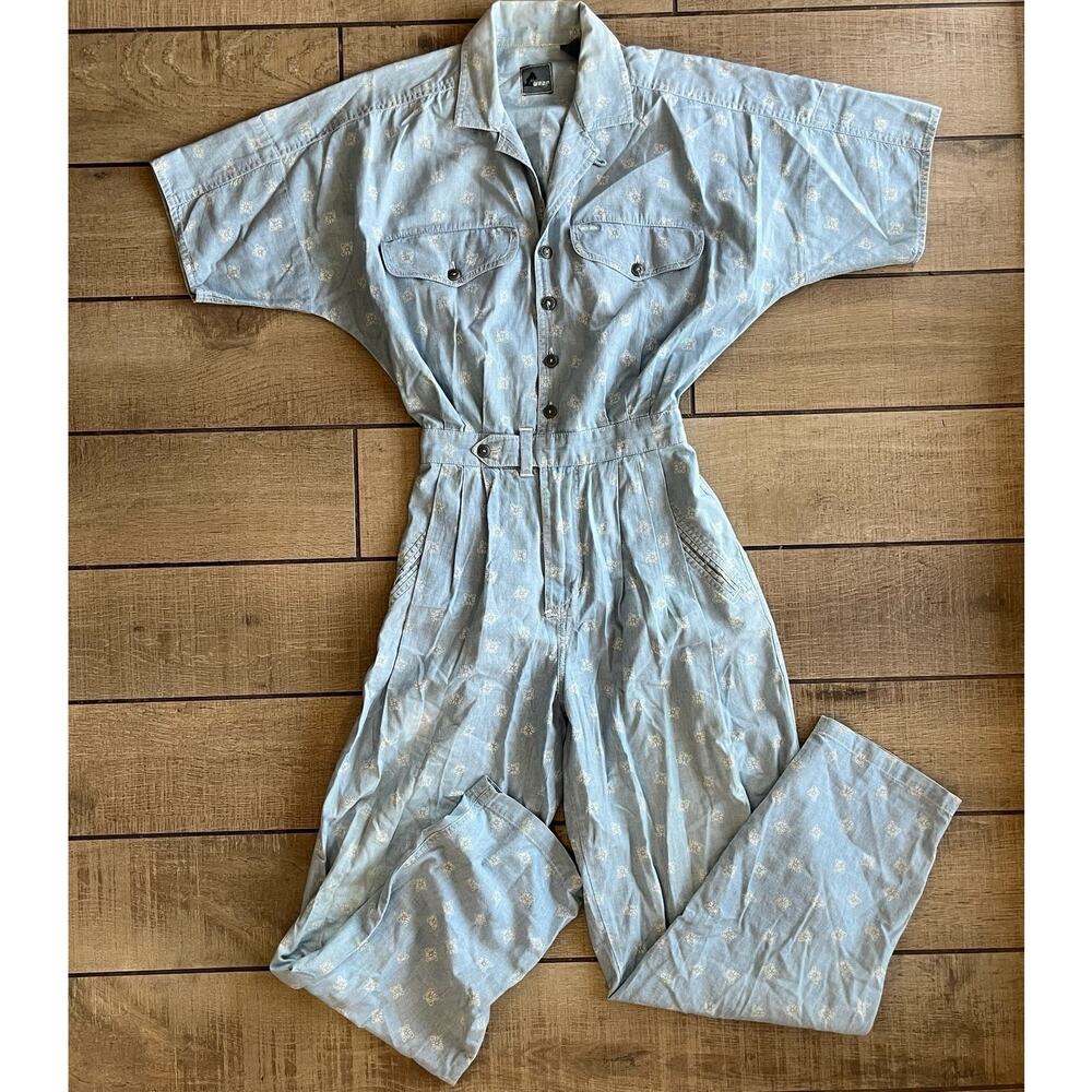 Vintage U2 Wear Chambray Jumpsuit Small Floral Cotton Utility 90s 100% Cotton